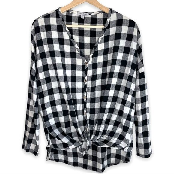 Buffalo Plaid Black and White V Neck Button Down - Picture 1 of 5